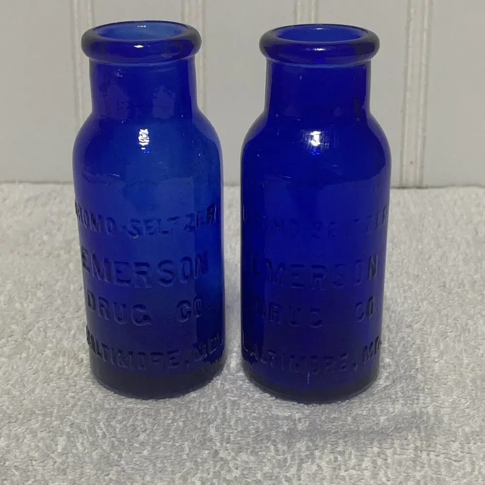 Lot of 2 Emerson Drugs Co. Bromo Seltzer Cobalt Blue Bottles 4